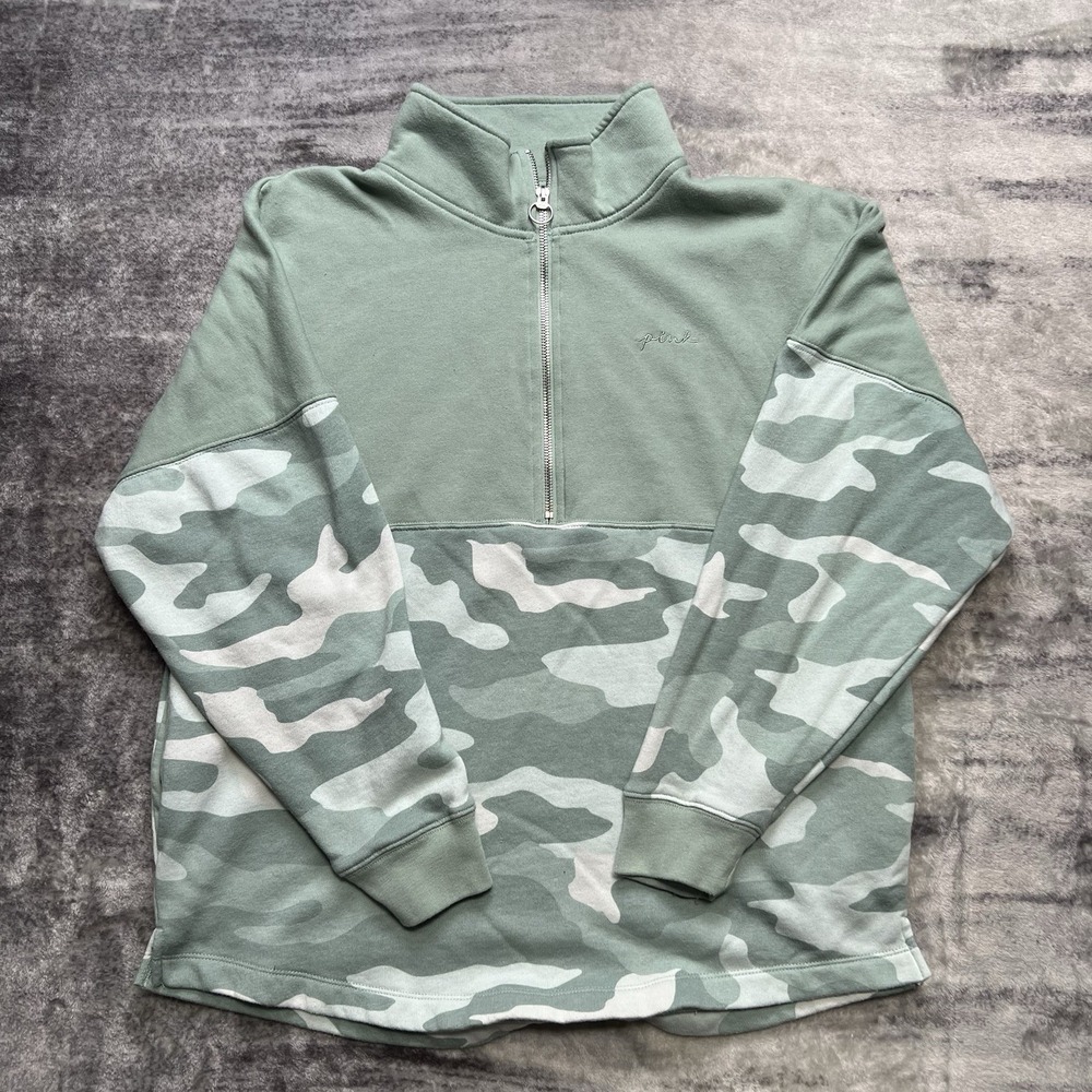 Y2K Victoria Secret Love PINK 1/4 Zip Sweatshirt Camo Green Embroidered Size M - Picture 3 of 7